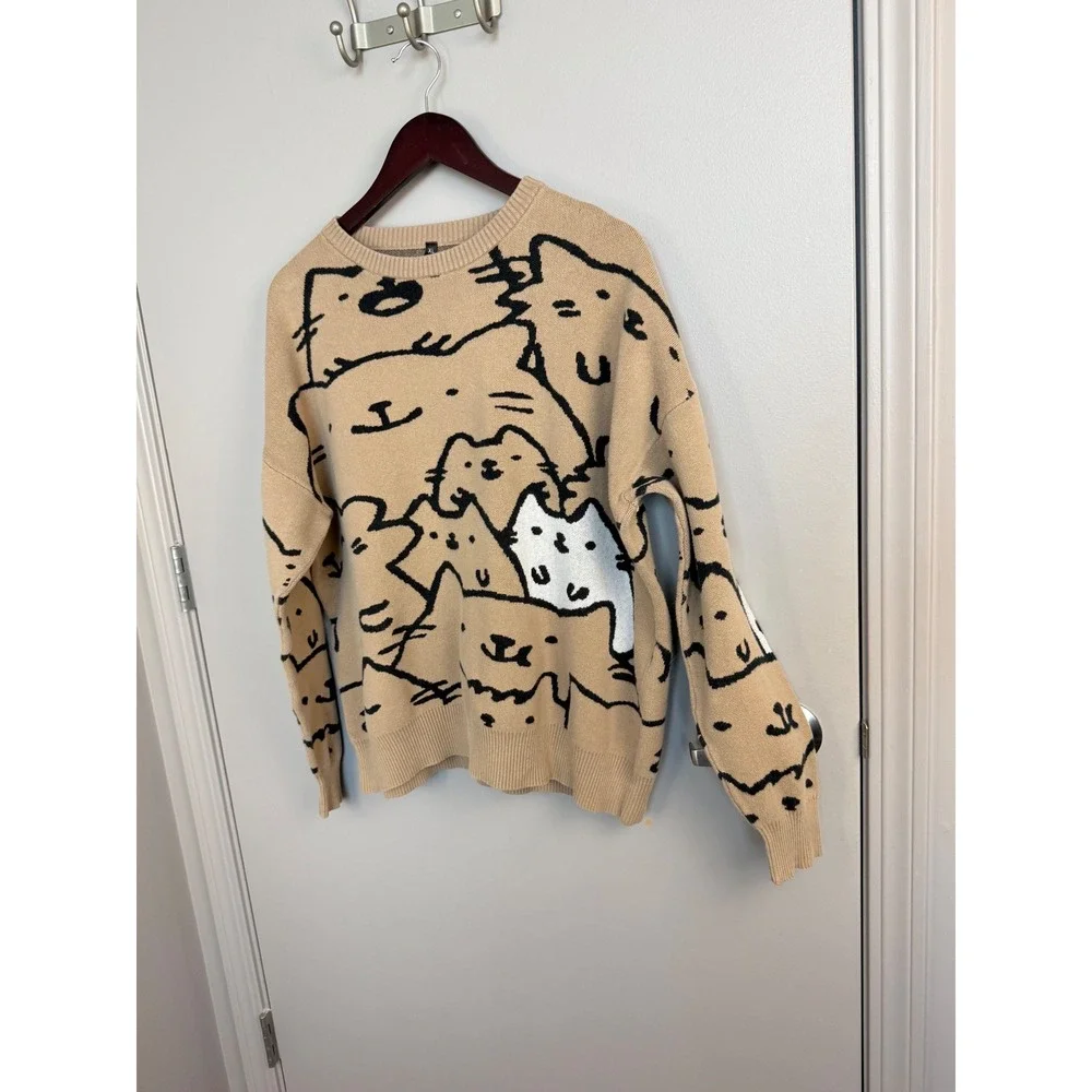Cat Graphic Knit Sweater Tan Oversized Crewneck Feline Print XL Y2K Quirky
